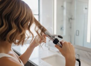 Девушка с короткой стрижкой накручивает локоны плойкой