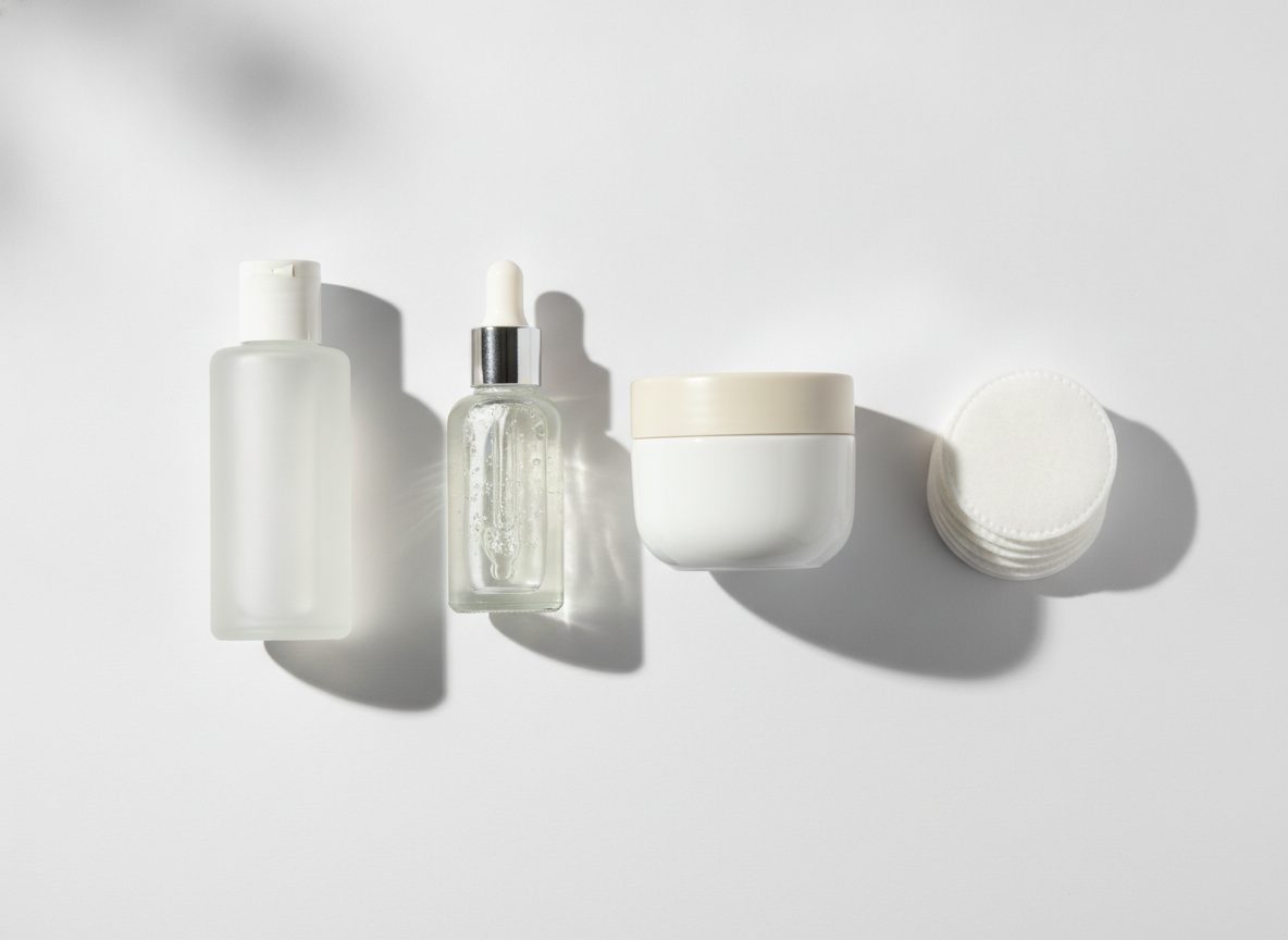 Порядок ухода: тоник, сыворотка и крем на светлой поверхности